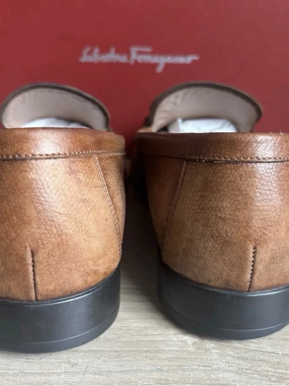 Salvatore Ferragamo REE 8 Brown Pebbled Calf Leather Dress Gancini Loafers Men'